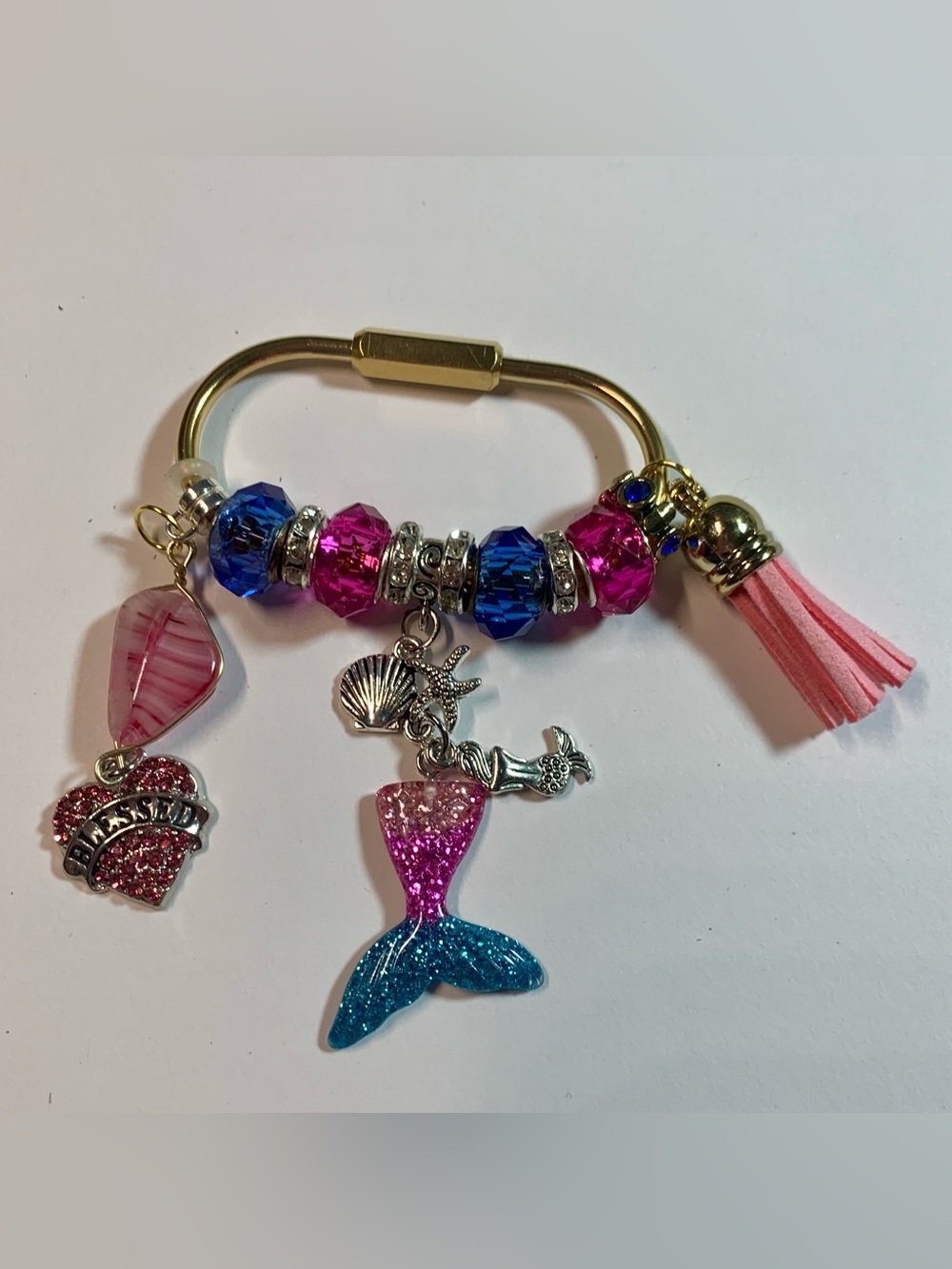 Gold tone purse Charms  with Pink & Blue Mermaid Charms